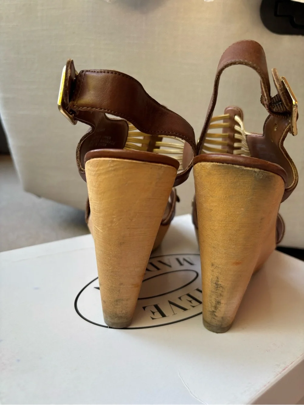 Steve Madden Brown and Gold Strappy Wedge Sandals